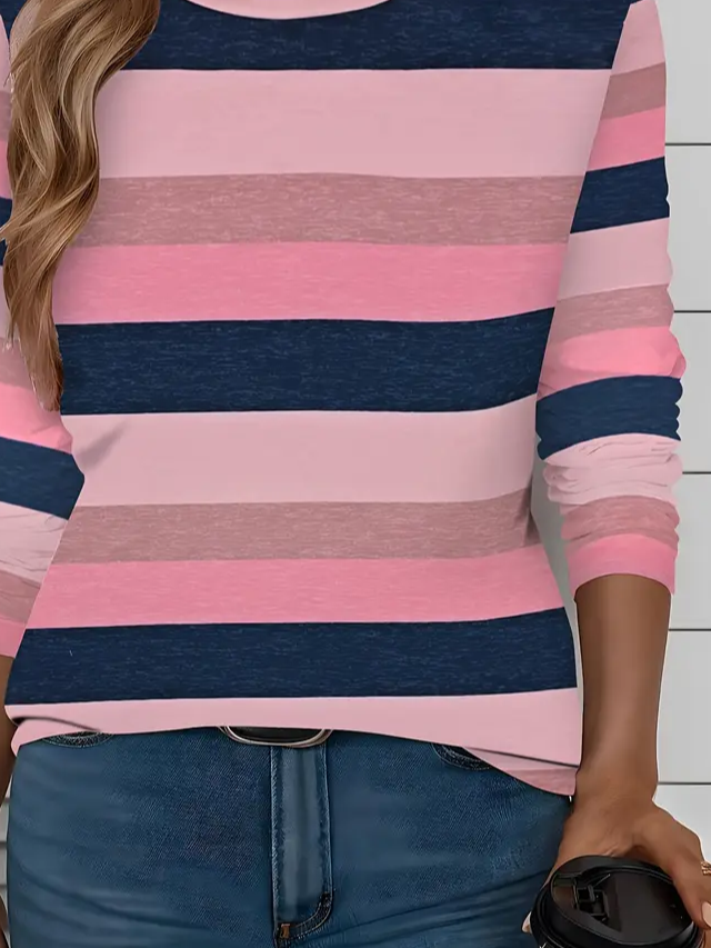 Women's Long Sleeve T-shirt Spring/Fall Pink Striped Printing Jersey Crew Neck Daily Going Out Casual Top