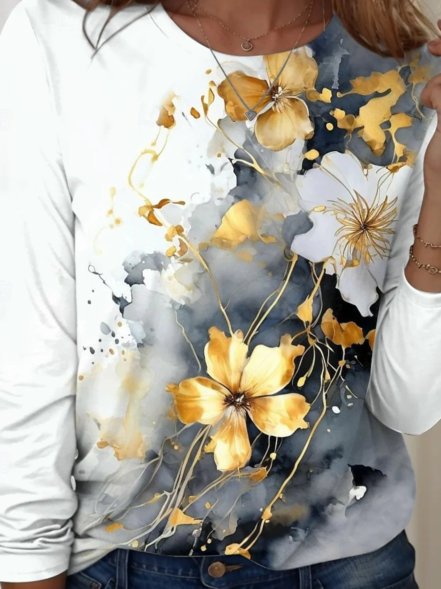 Women's Artistic Floral Pattern Crew Neck Long Sleeve Tee