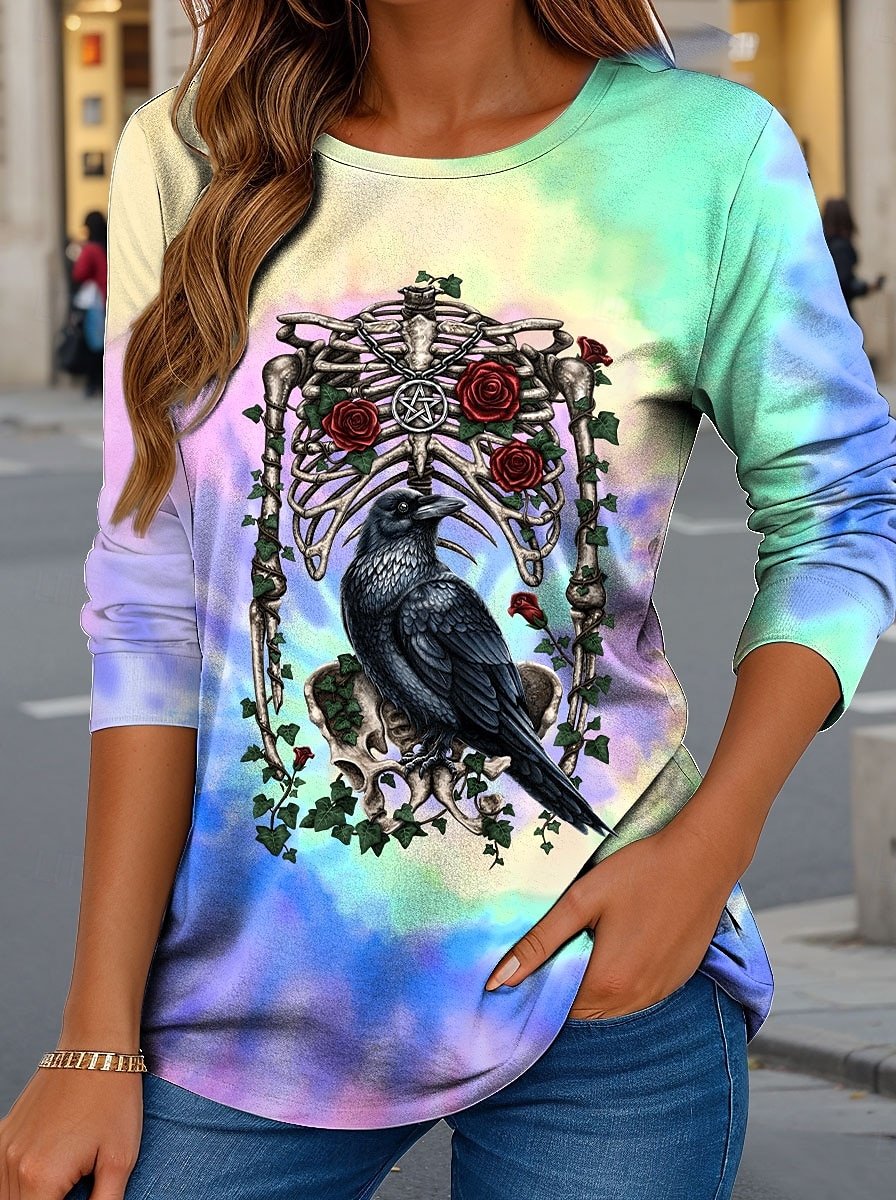 Halloween Women's Abstract Vintage Long Sleeve Crew Neck T-Shirt