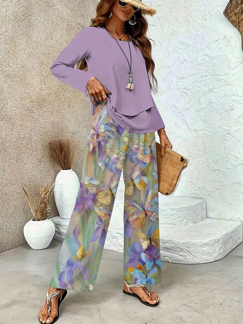 Women's Printing Floral Daily Going Out Two-Piece Set Purple Casual Spring/Fall Top With Pants Matching Set