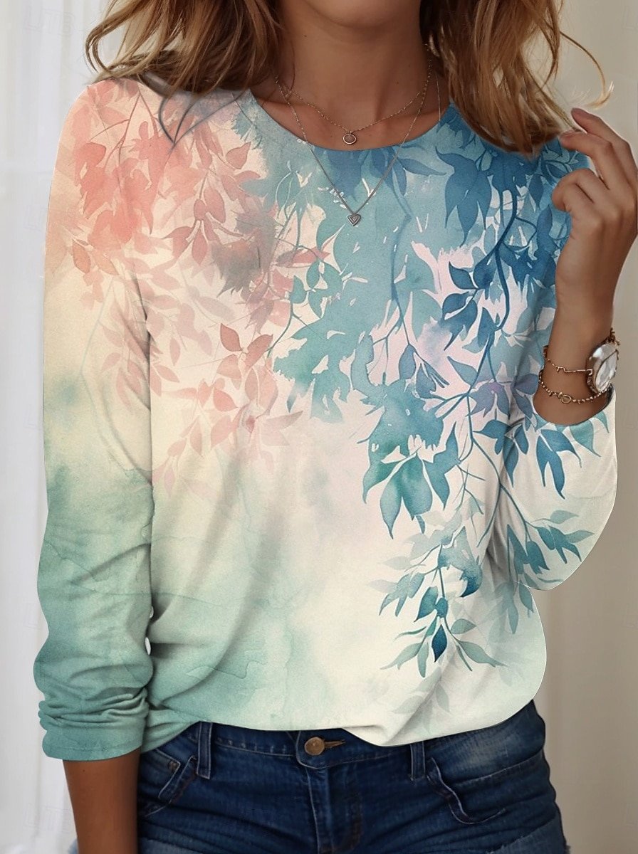 Women's Artistic Plant Gradient Pattern Round Neck Long Sleeve T-Shirt