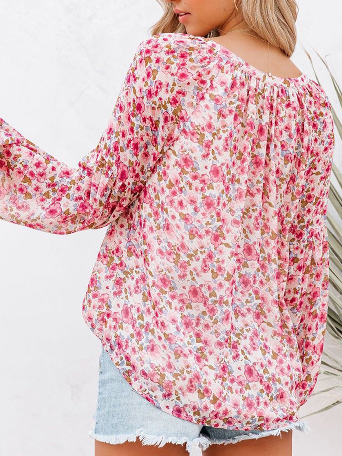 Women's Long Sleeve Shirt Spring/Fall Green Floral Split Joint V Neck Balloon Sleeve Daily Going Out Casual Top