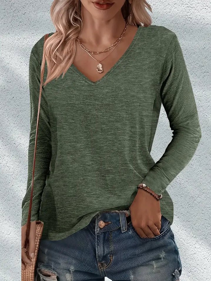 Women's Long Sleeve T-shirt Spring/Fall Green Plain Printing Jersey V Neck Daily Going Out Casual Top