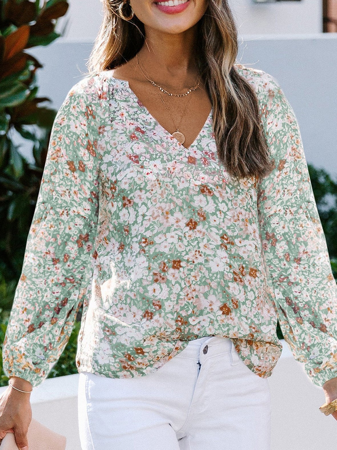 Women's Long Sleeve Shirt Spring/Fall Green Floral Split Joint V Neck Balloon Sleeve Daily Going Out Casual Top