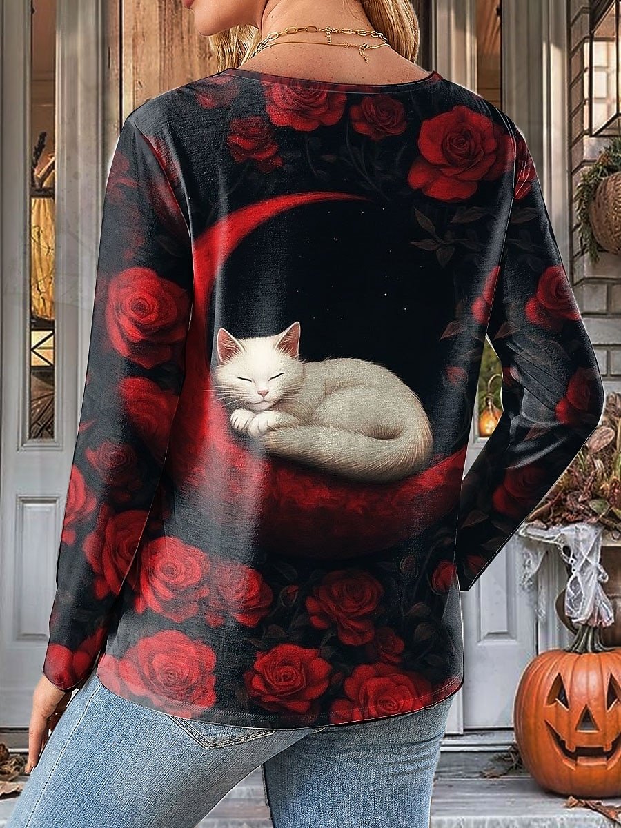 Halloween Women's Abstract Vintage Long Sleeve Crew Neck T-Shirt