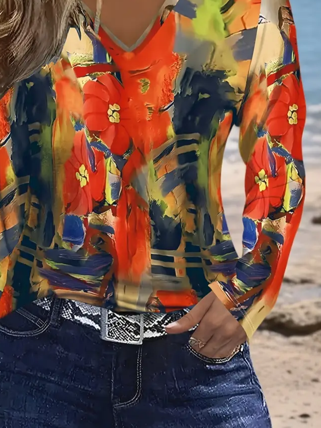Women's Long Sleeve T-shirt Spring/Fall Orange Abstract Printing Jersey V Neck Daily Going Out Casual Top