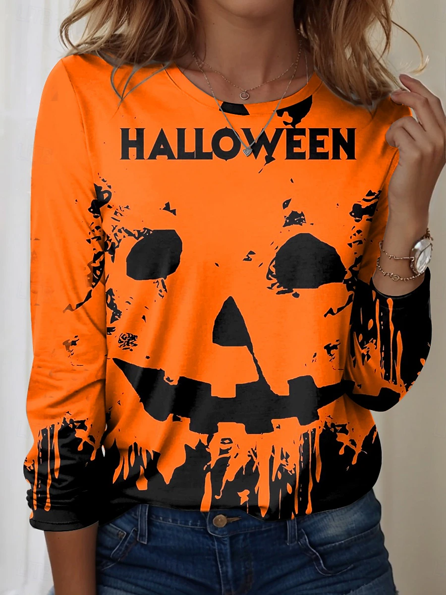 Halloween Women's Abstract Vintage Long Sleeve Crew Neck T-Shirt