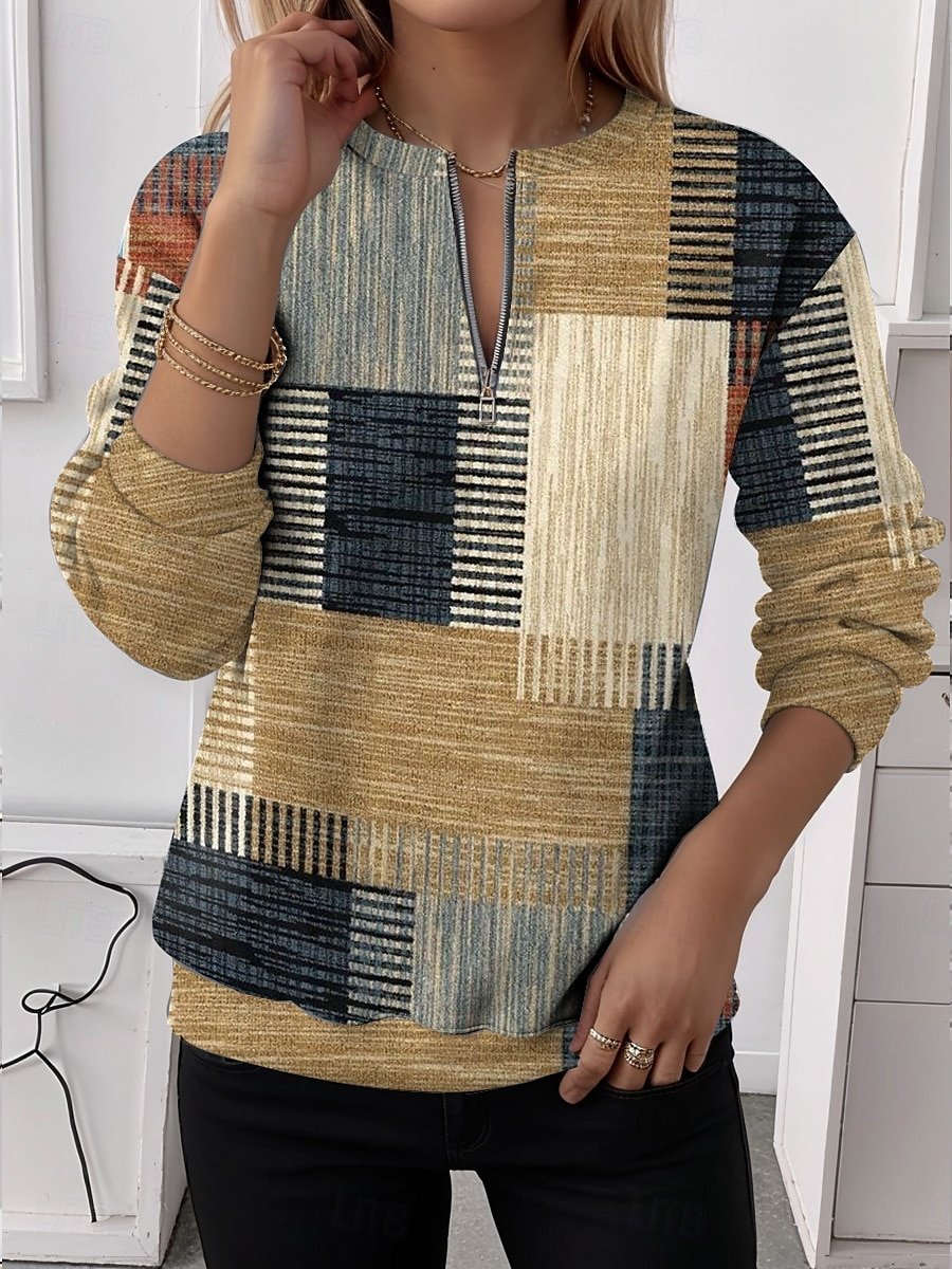Women's Half-Zip Sweatshirt Striped Patchwork Pattern Casual Commuting