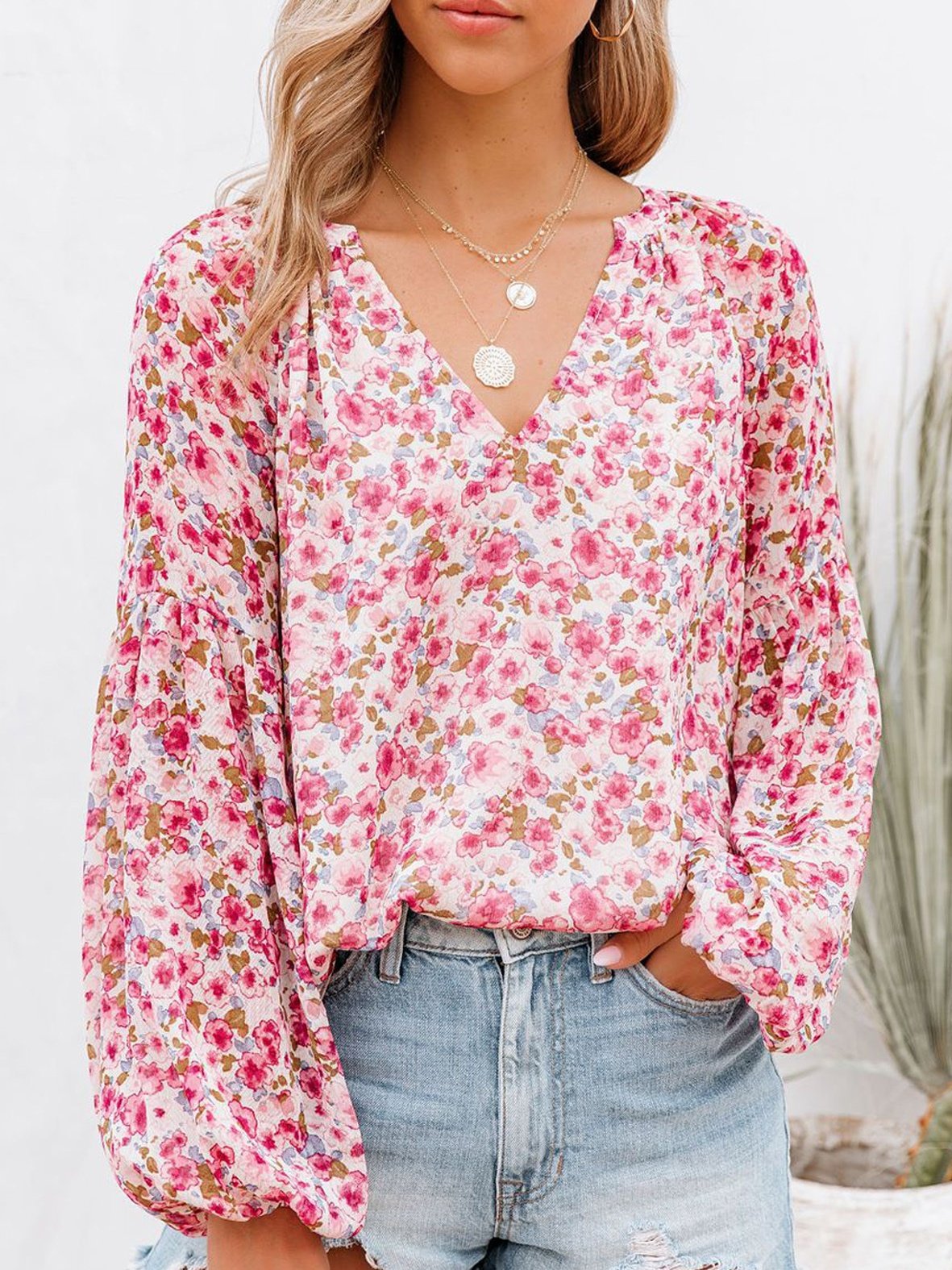Women's Long Sleeve Shirt Spring/Fall Green Floral Split Joint V Neck Balloon Sleeve Daily Going Out Casual Top