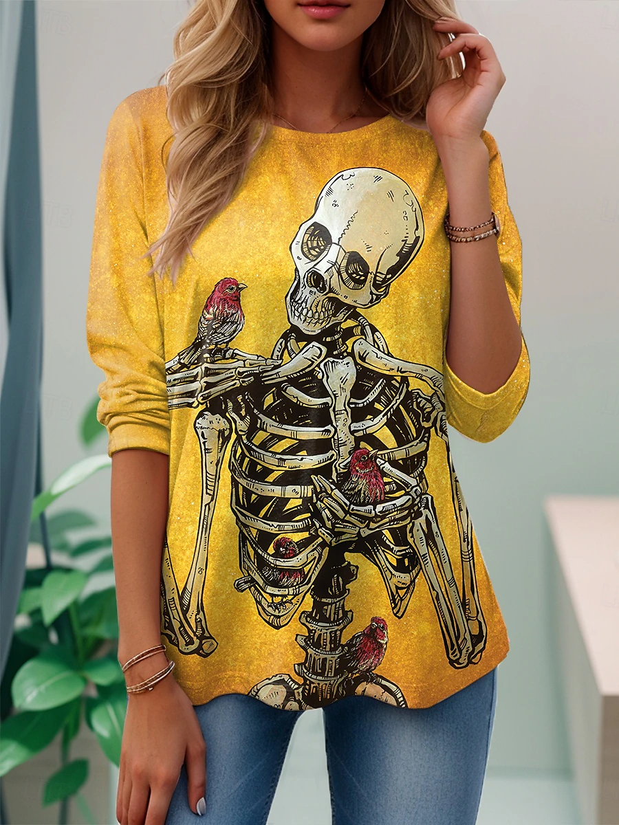 Halloween Women's Abstract Vintage Long Sleeve Crew Neck T-Shirt