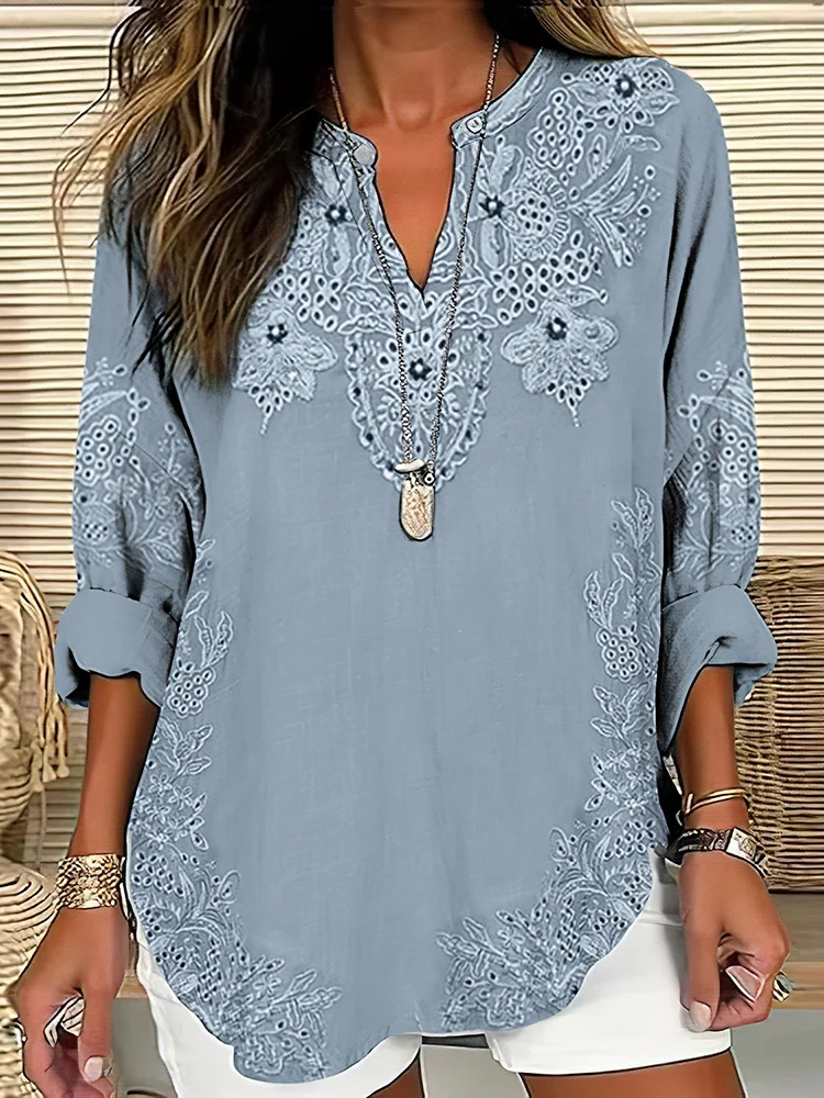 Women's Long Sleeve Blouse Spring/Fall Blue Floral Printing Cotton-Blend V Neck Daily Going Out Casual Top