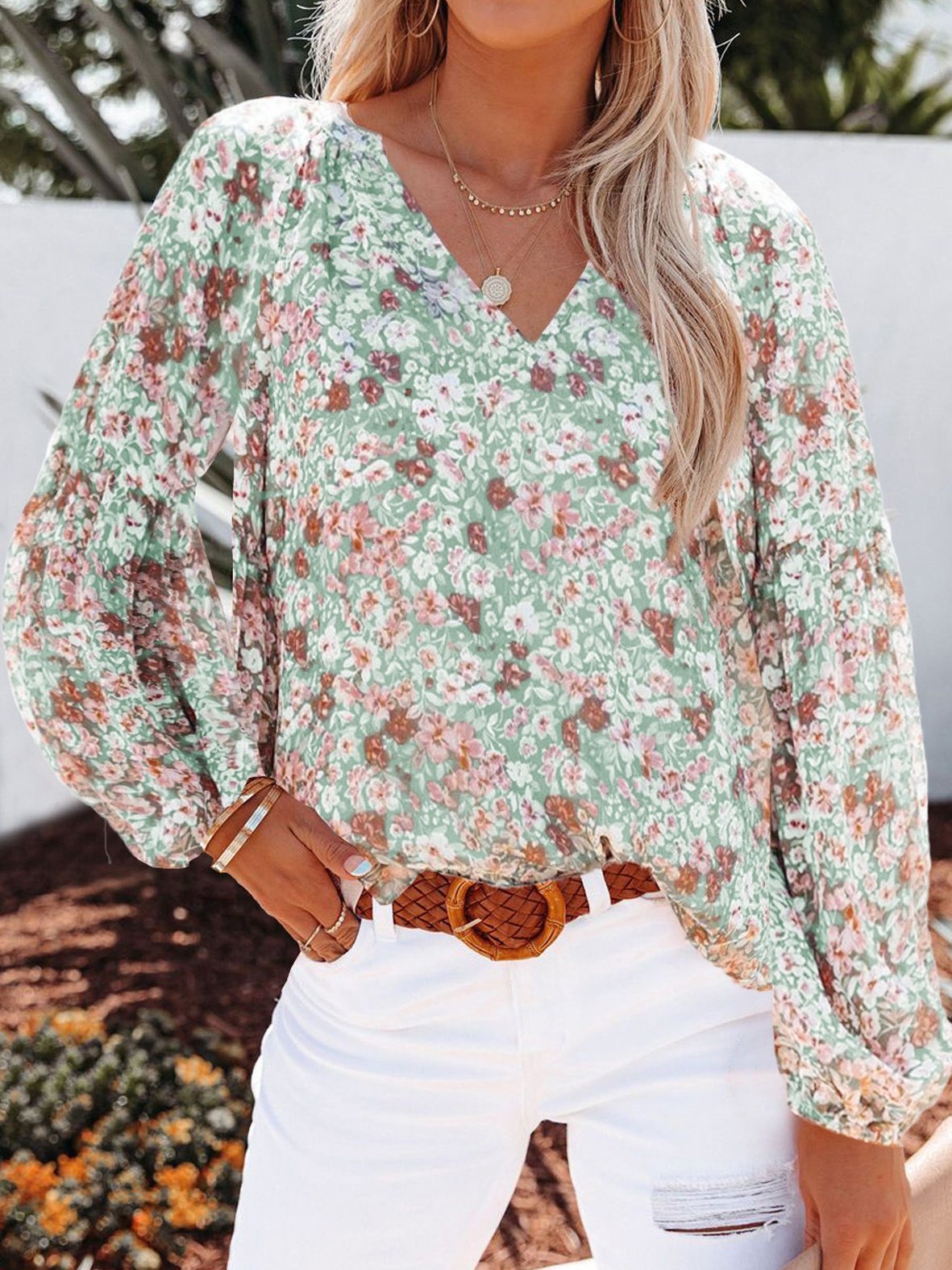 Women's Long Sleeve Shirt Spring/Fall Green Floral Split Joint V Neck Balloon Sleeve Daily Going Out Casual Top