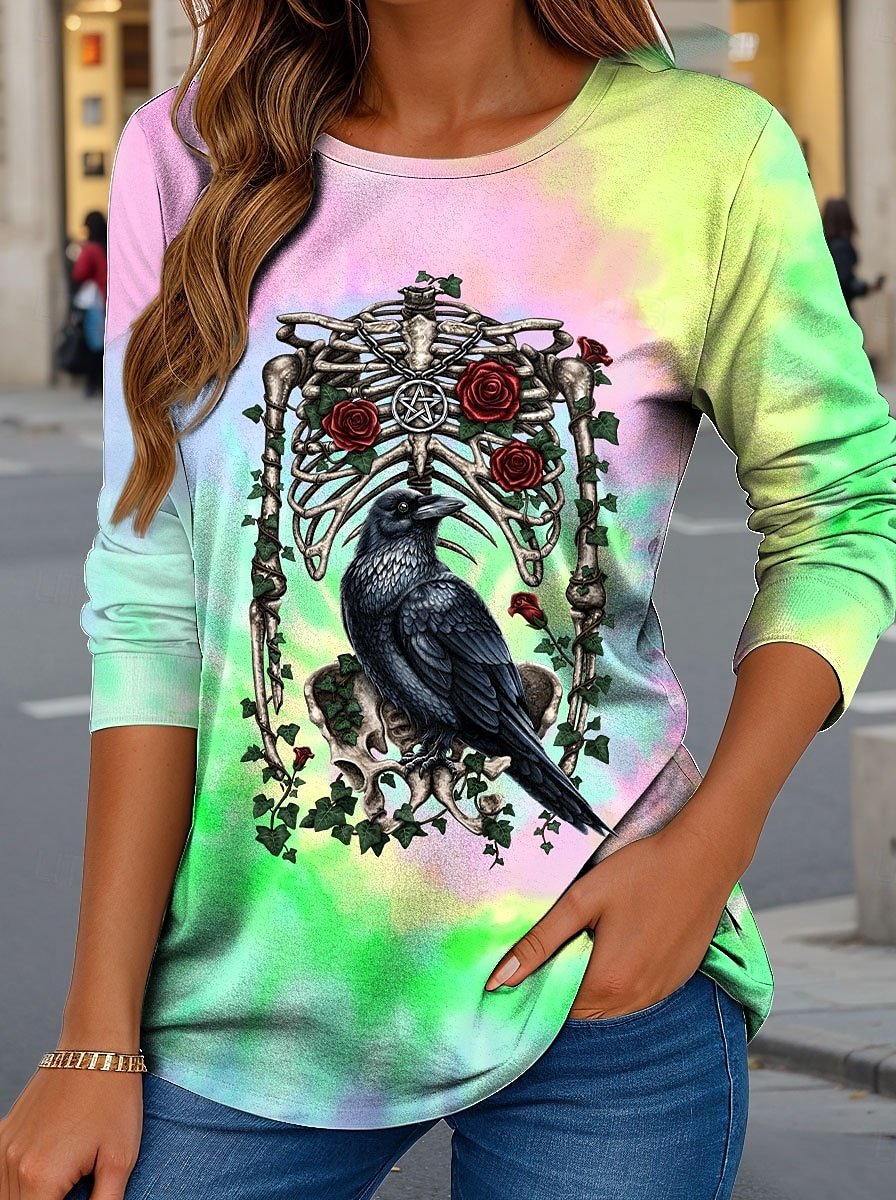 Halloween Women's Abstract Vintage Long Sleeve Crew Neck T-Shirt