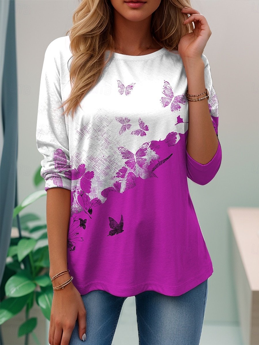 Women's Butterfly Flora Pattern Round Neck Long Sleeve T-Shirt