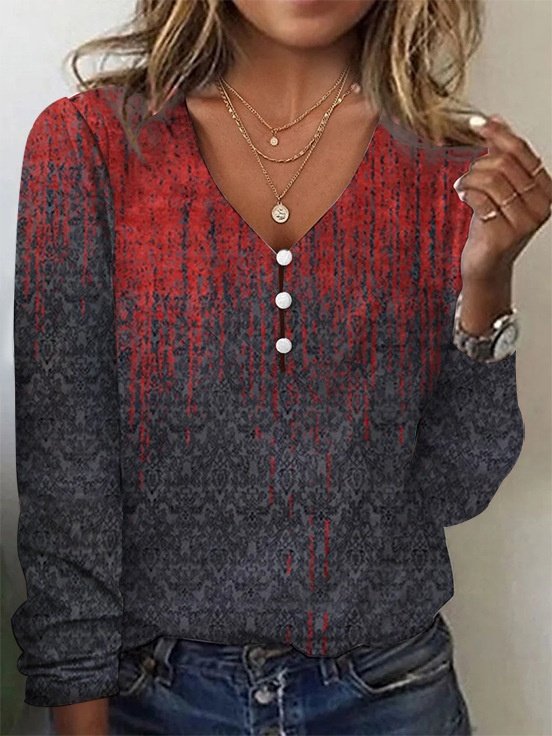 Women's Long Sleeve T-shirt Spring/Fall Red Geometric Printing V Neck Daily Going Out Vintage Top