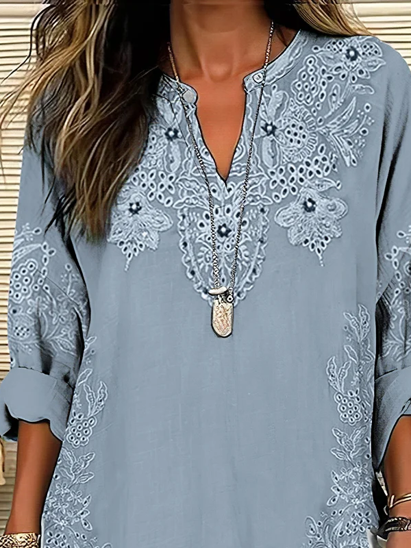 Women's Long Sleeve Blouse Spring/Fall Blue Floral Printing Cotton-Blend V Neck Daily Going Out Casual Top