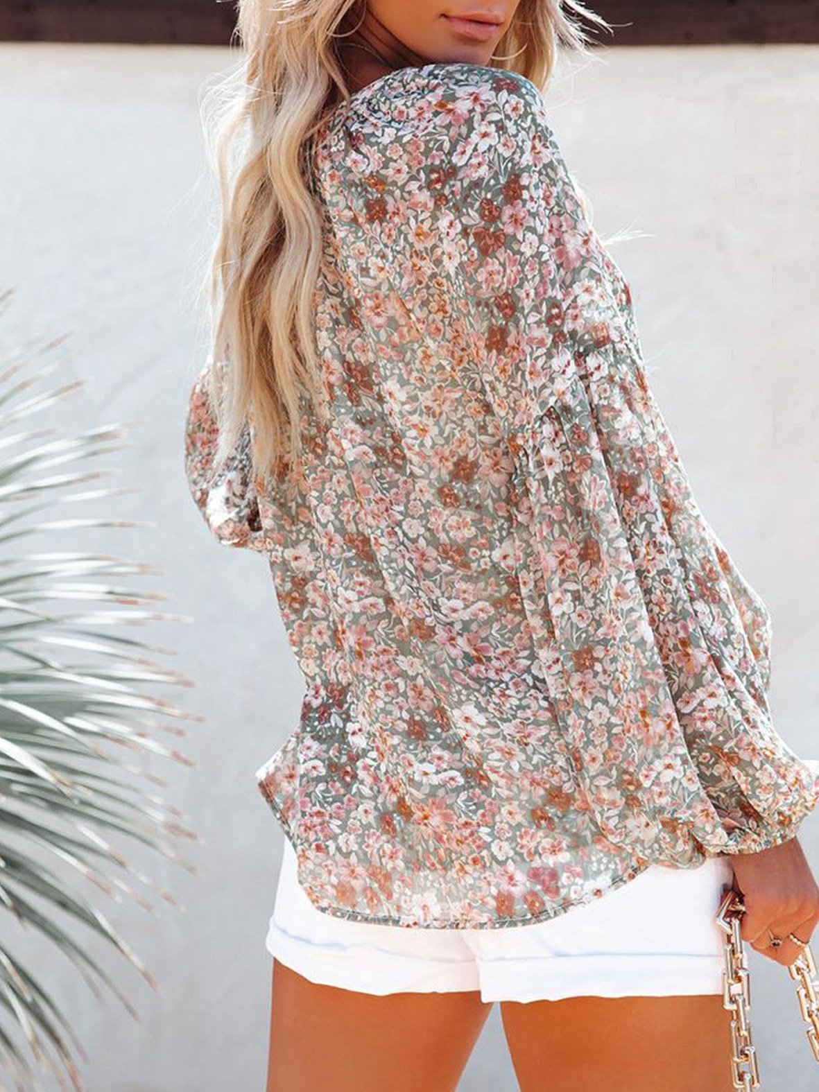 Women's Long Sleeve Shirt Spring/Fall Green Floral Split Joint V Neck Balloon Sleeve Daily Going Out Casual Top