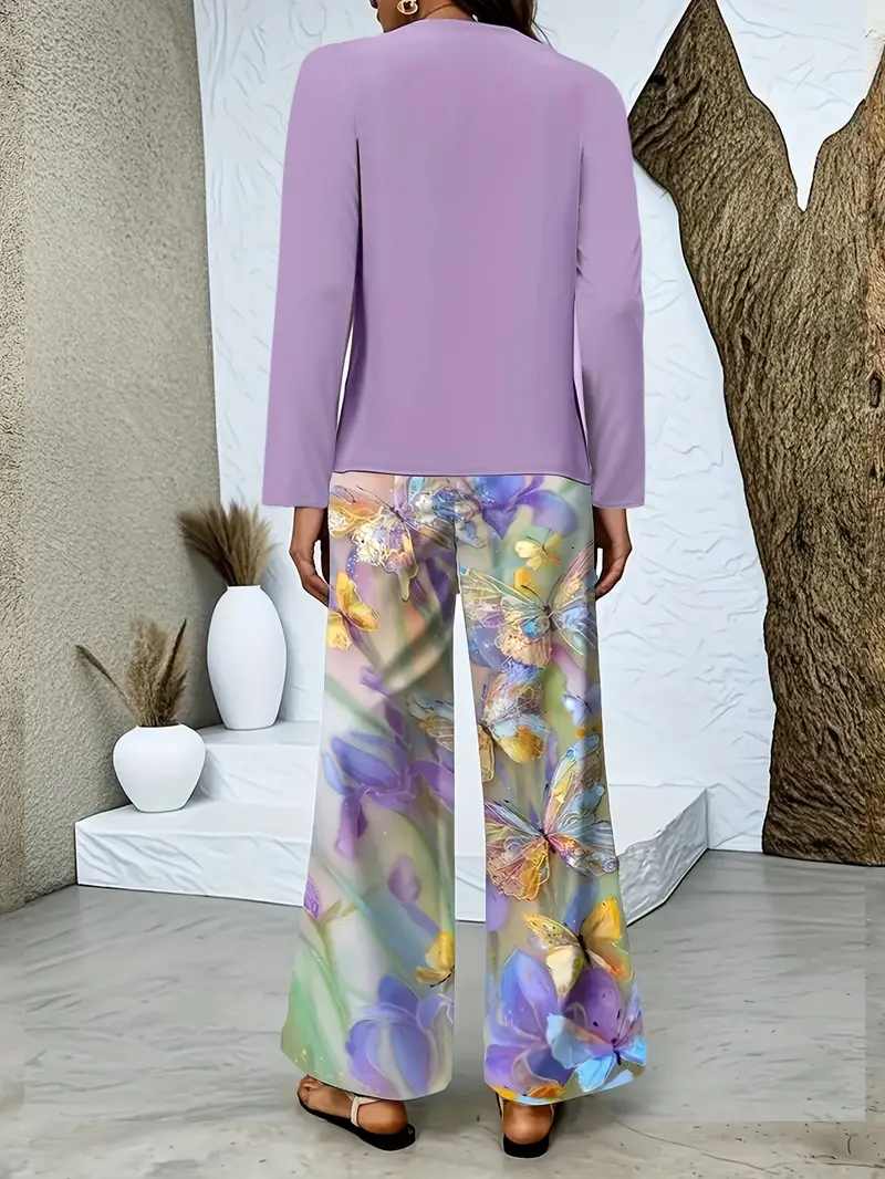 Women's Printing Floral Daily Going Out Two-Piece Set Purple Casual Spring/Fall Top With Pants Matching Set