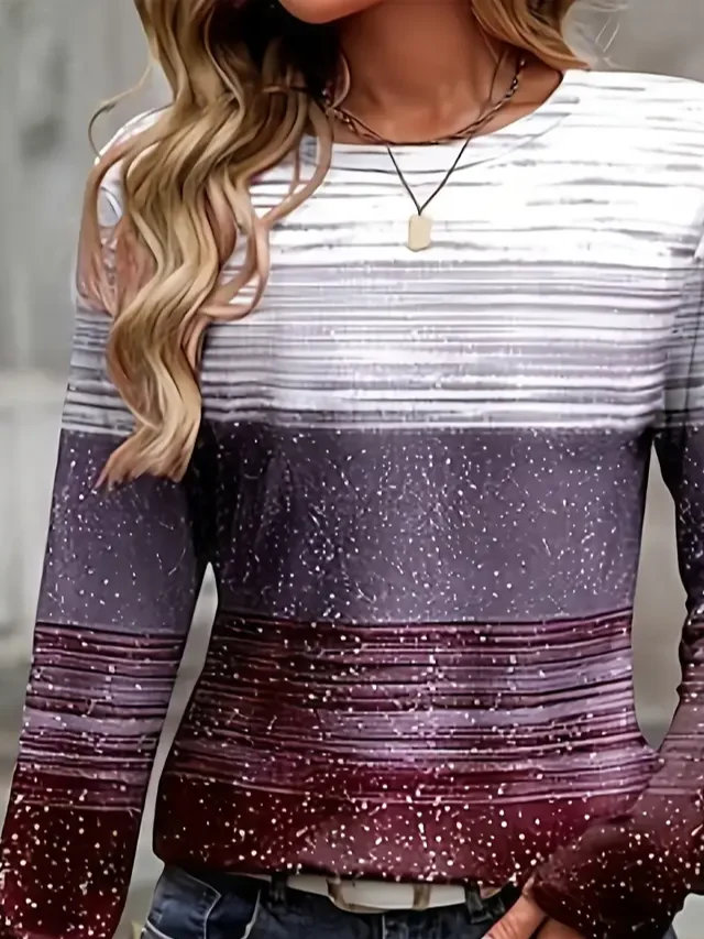 Women's Long Sleeve T-shirt Spring/Fall Purple Striped Printing Jersey Crew Neck Daily Going Out Casual Top
