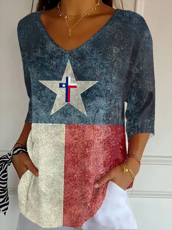 Women's Texas Flood Print Striped Fabric Casual V-Neck T-Shirt