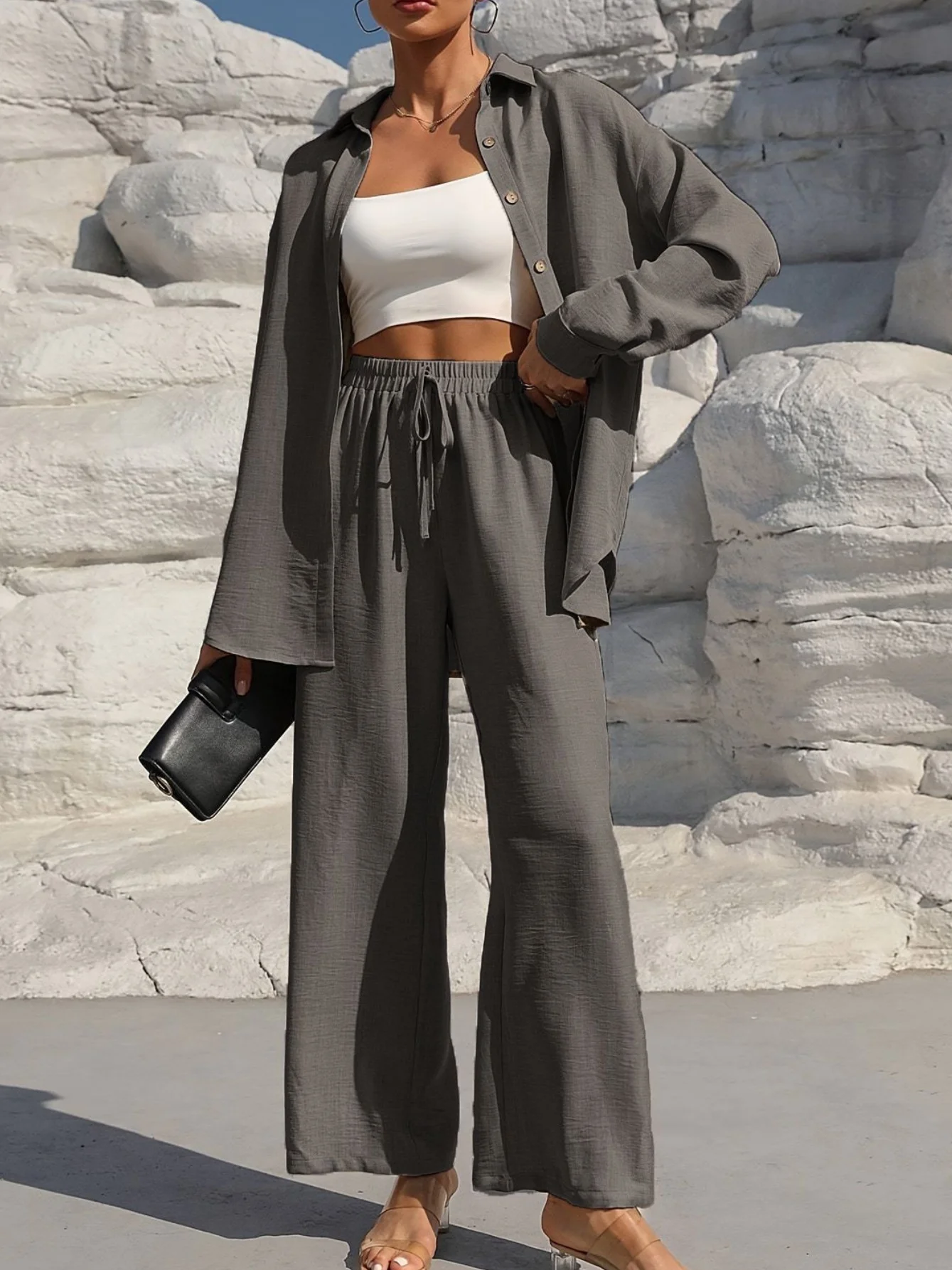 Women's Split Joint Plain Daily Going Out Two-Piece Set Apricot Casual Spring/Fall Top With Pants Matching Set