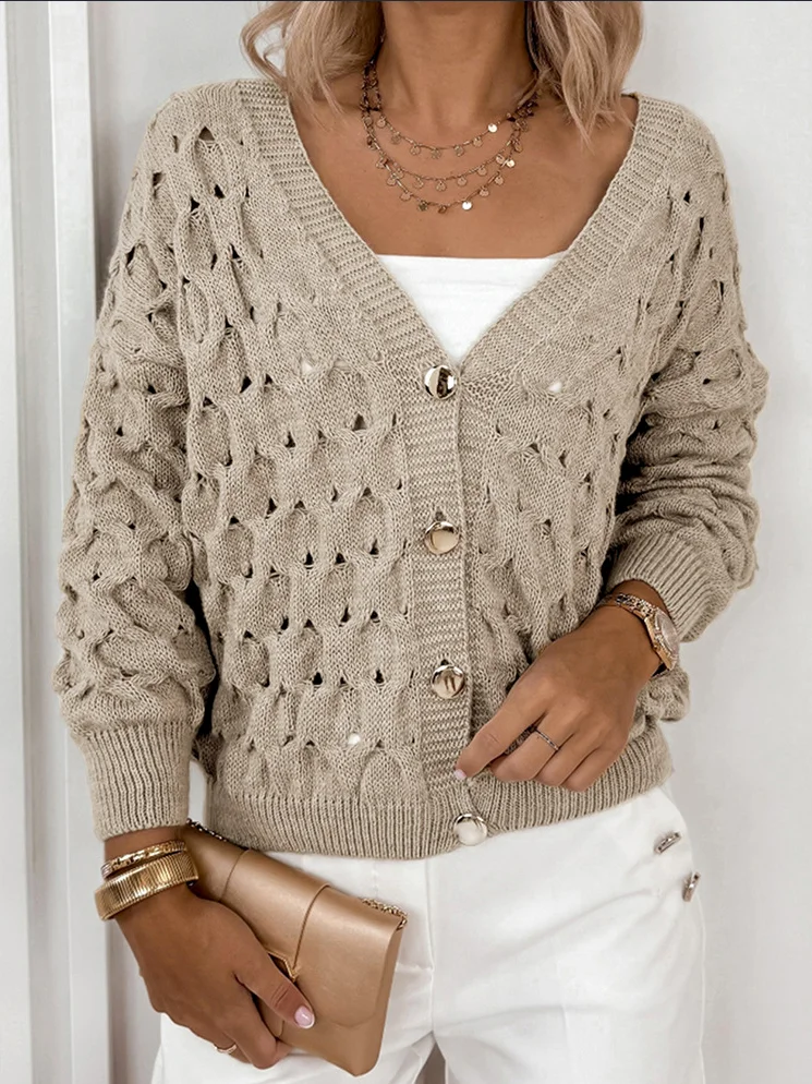 V Neck Casual Cotton Plain Sweater