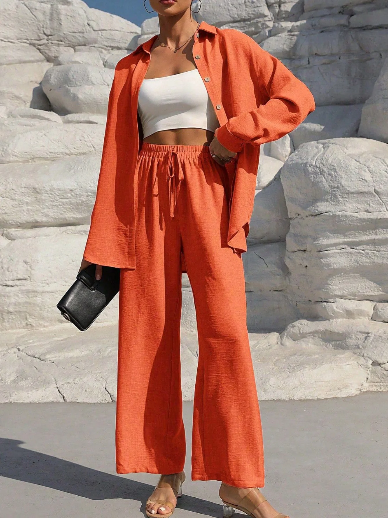 Women's Split Joint Plain Daily Going Out Two-Piece Set Apricot Casual Spring/Fall Top With Pants Matching Set