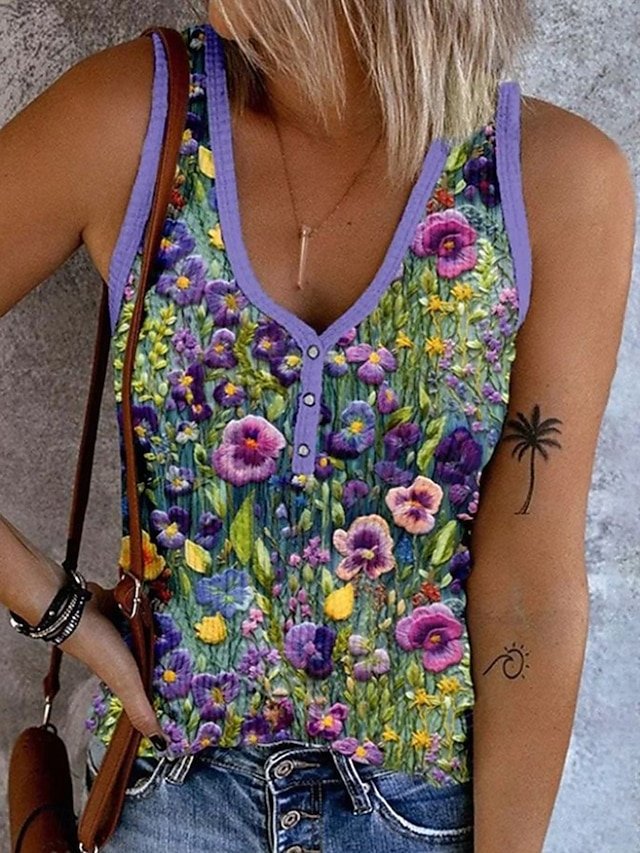 V Neck Floral Casual Tank Top