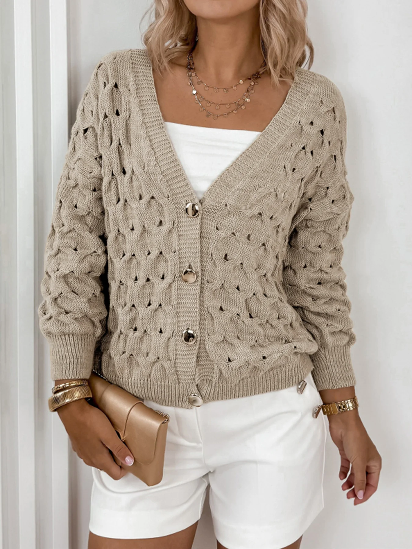 V Neck Casual Cotton Plain Sweater