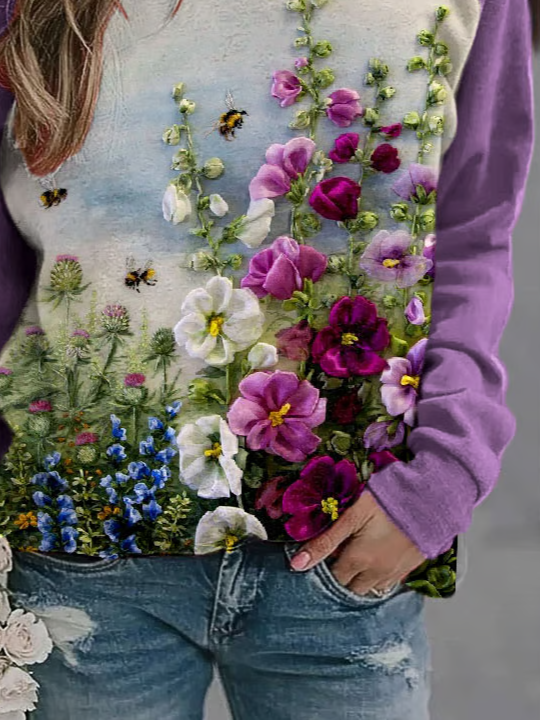 Crew Neck Floral Casual Printing Sweatshirt