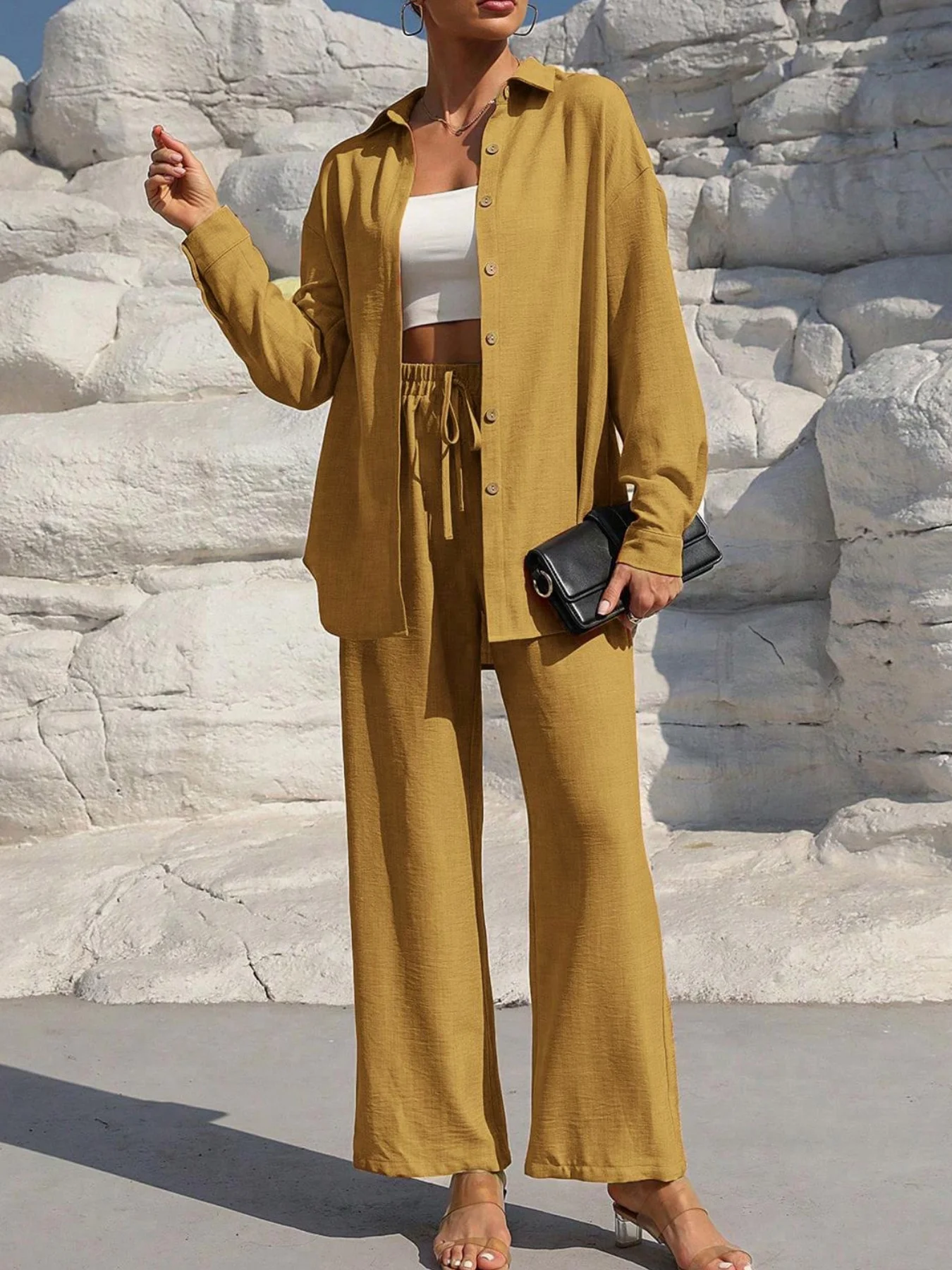 Women's Split Joint Plain Daily Going Out Two-Piece Set Apricot Casual Spring/Fall Top With Pants Matching Set