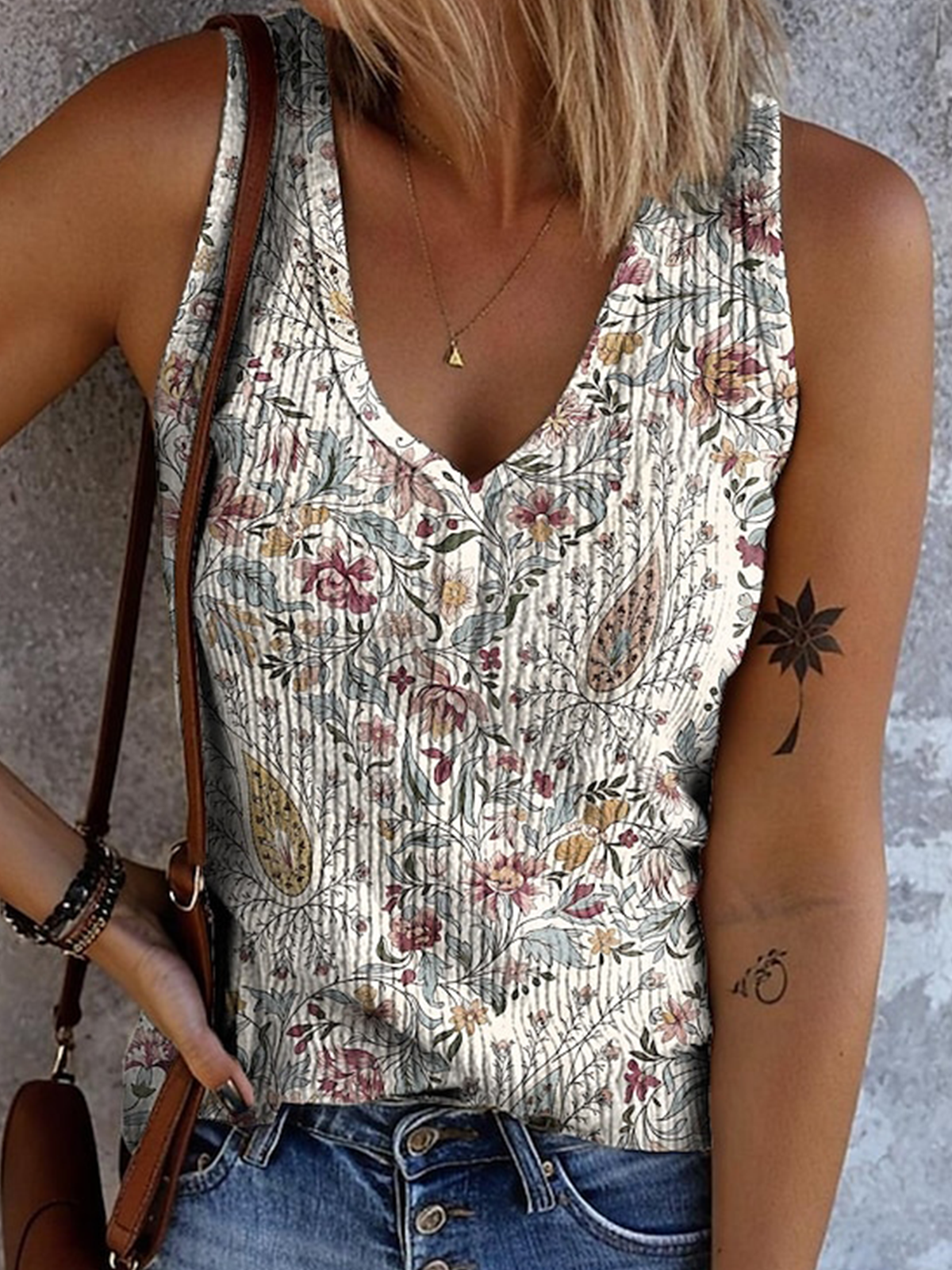 Cotton Casual Floral V Neck Tank Top