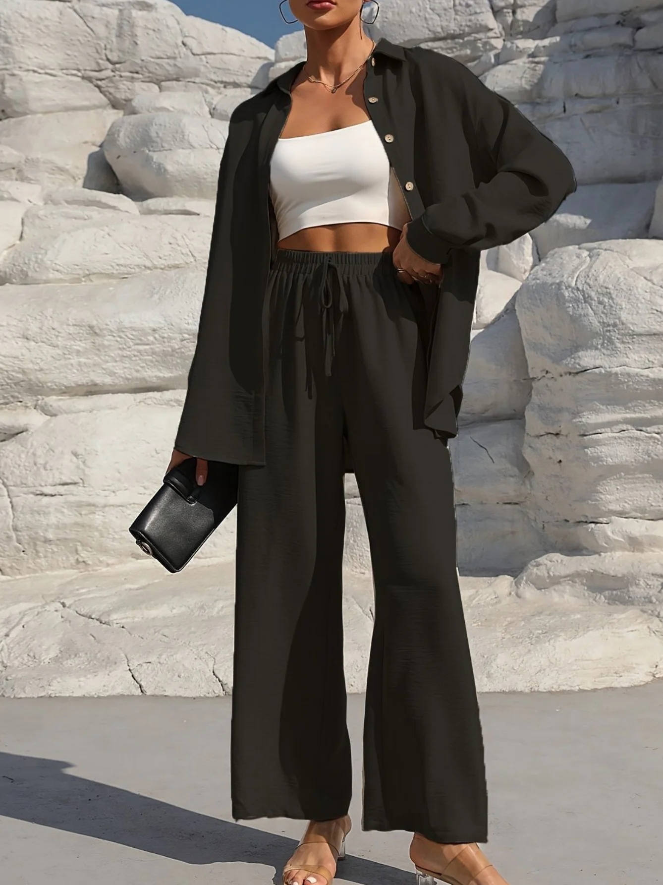 Women's Split Joint Plain Daily Going Out Two-Piece Set Apricot Casual Spring/Fall Top With Pants Matching Set