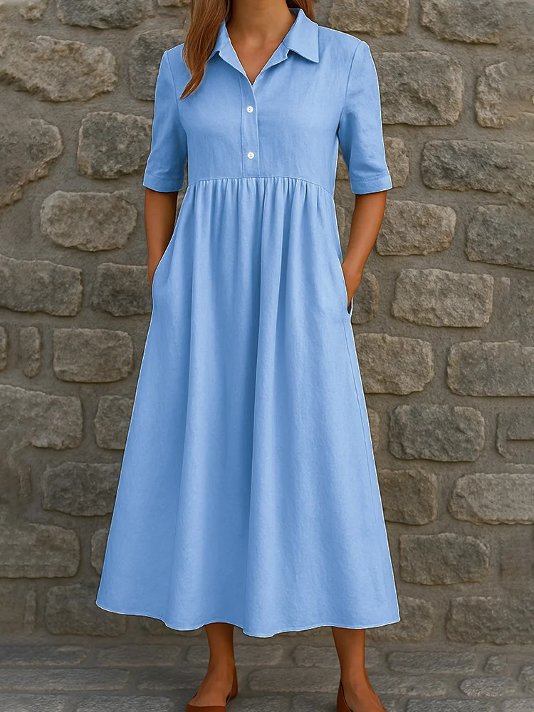 Linen Plain Shirt Collar Casual Dress With No