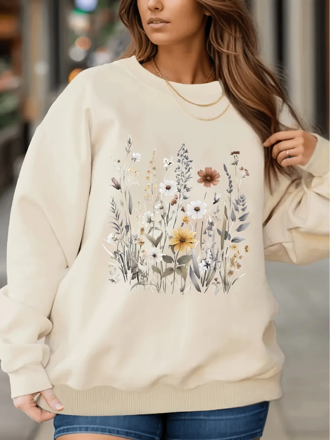 Women's Casual Floral Print Crew Neck Sweater