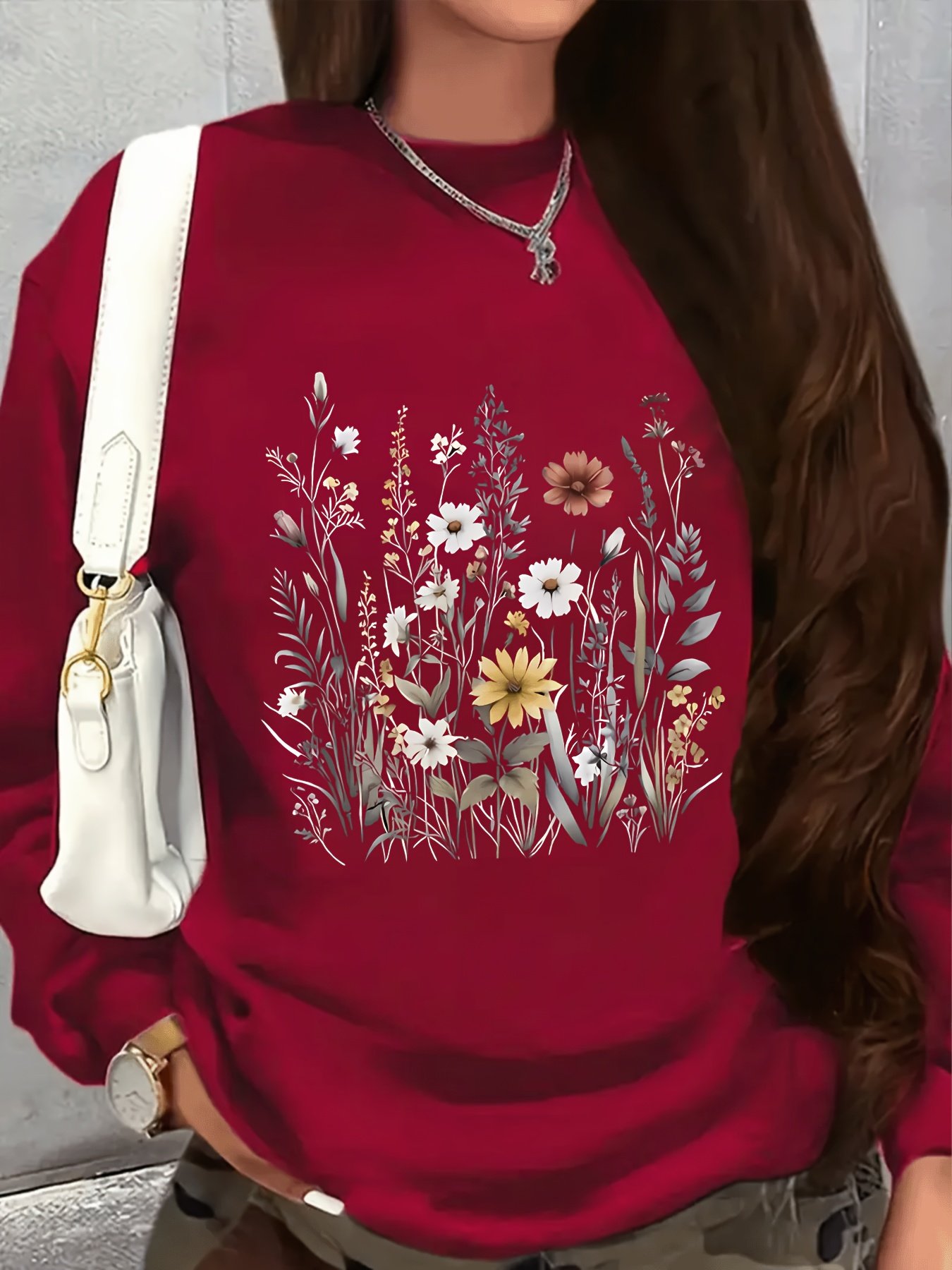 Women's Casual Floral Print Crew Neck Sweater