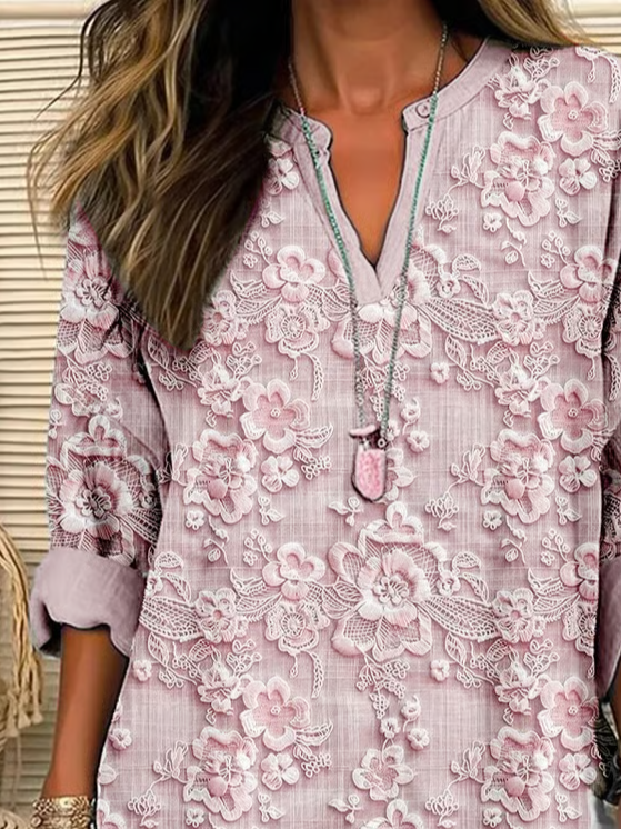Women's Long Sleeve Blouse Spring/Fall Pink Floral Printing Cotton-Blend V Neck Daily Going Out Casual Top
