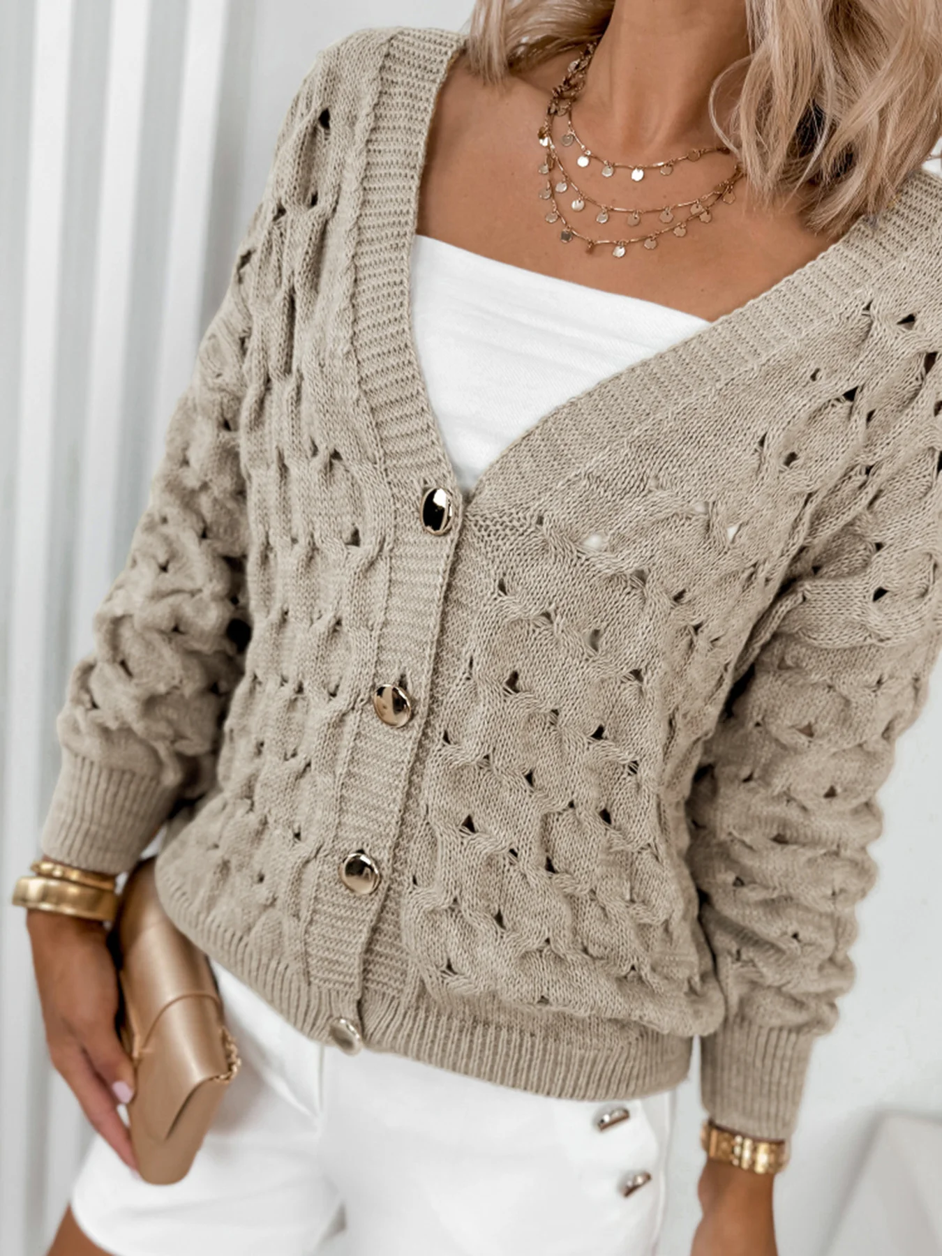V Neck Casual Cotton Plain Sweater