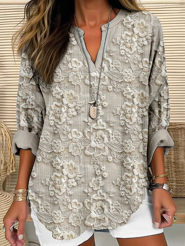 Women's Long Sleeve Blouse Spring/Fall Pink Floral Printing Cotton-Blend V Neck Daily Going Out Casual Top
