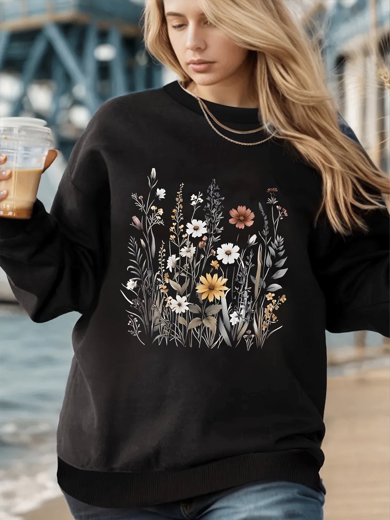 Women's Casual Floral Print Crew Neck Sweater