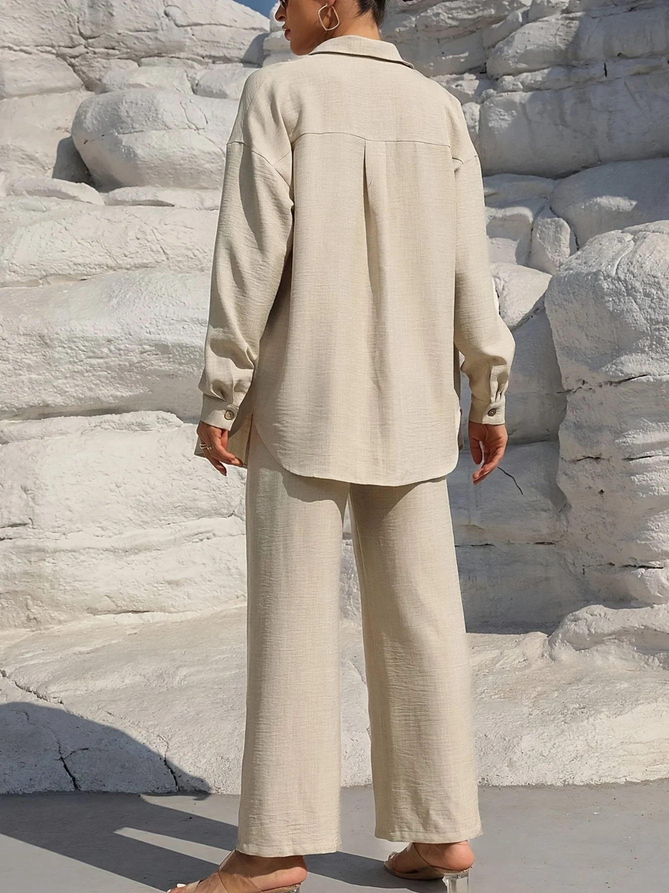 Women's Split Joint Plain Daily Going Out Two-Piece Set Apricot Casual Spring/Fall Top With Pants Matching Set