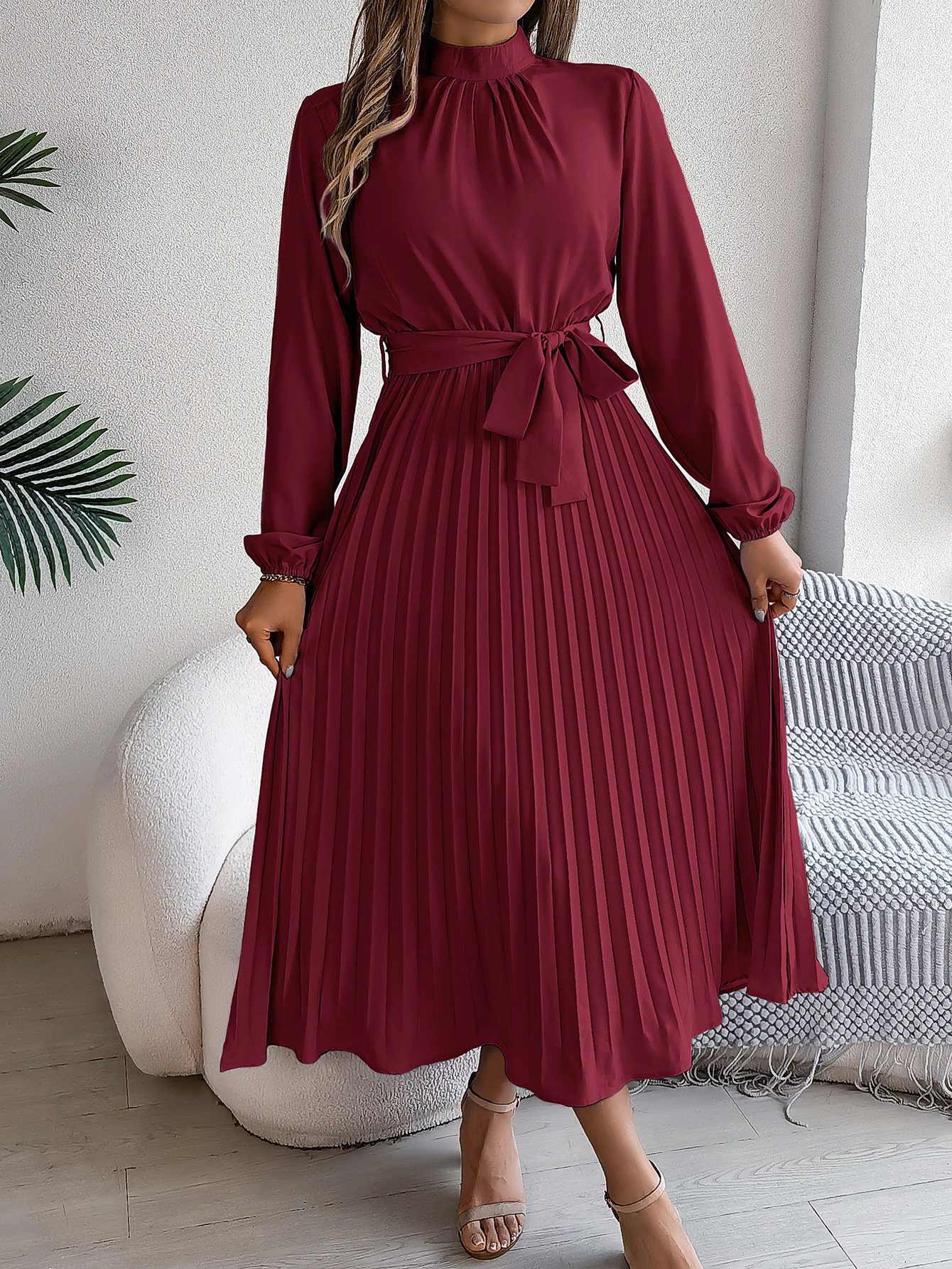Women's Short Sleeve Summer Wine Red Plain Split Joint Stand Collar Daily Going Out Vintage Maxi A-Line Tank Dress