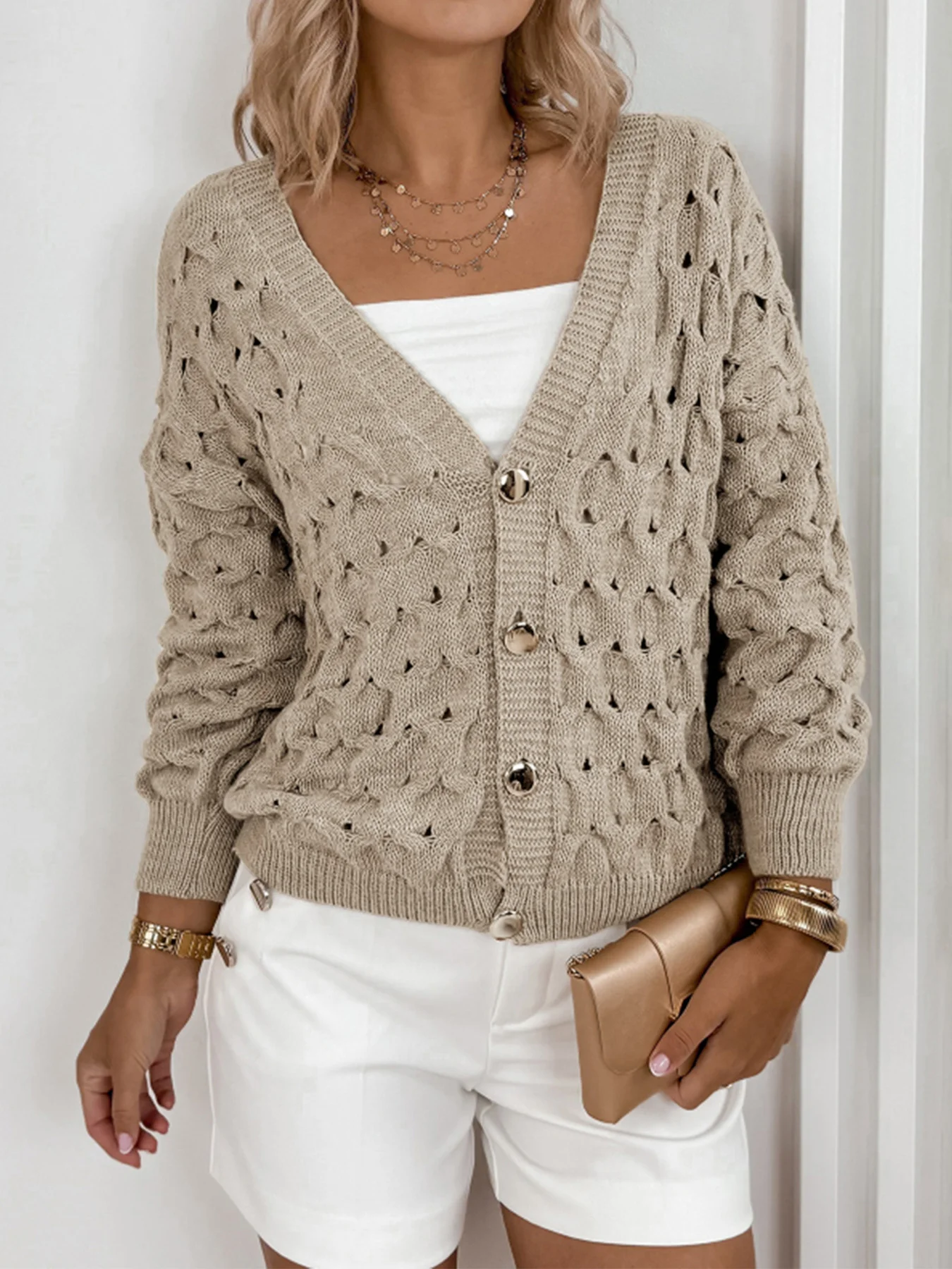 V Neck Casual Cotton Plain Sweater