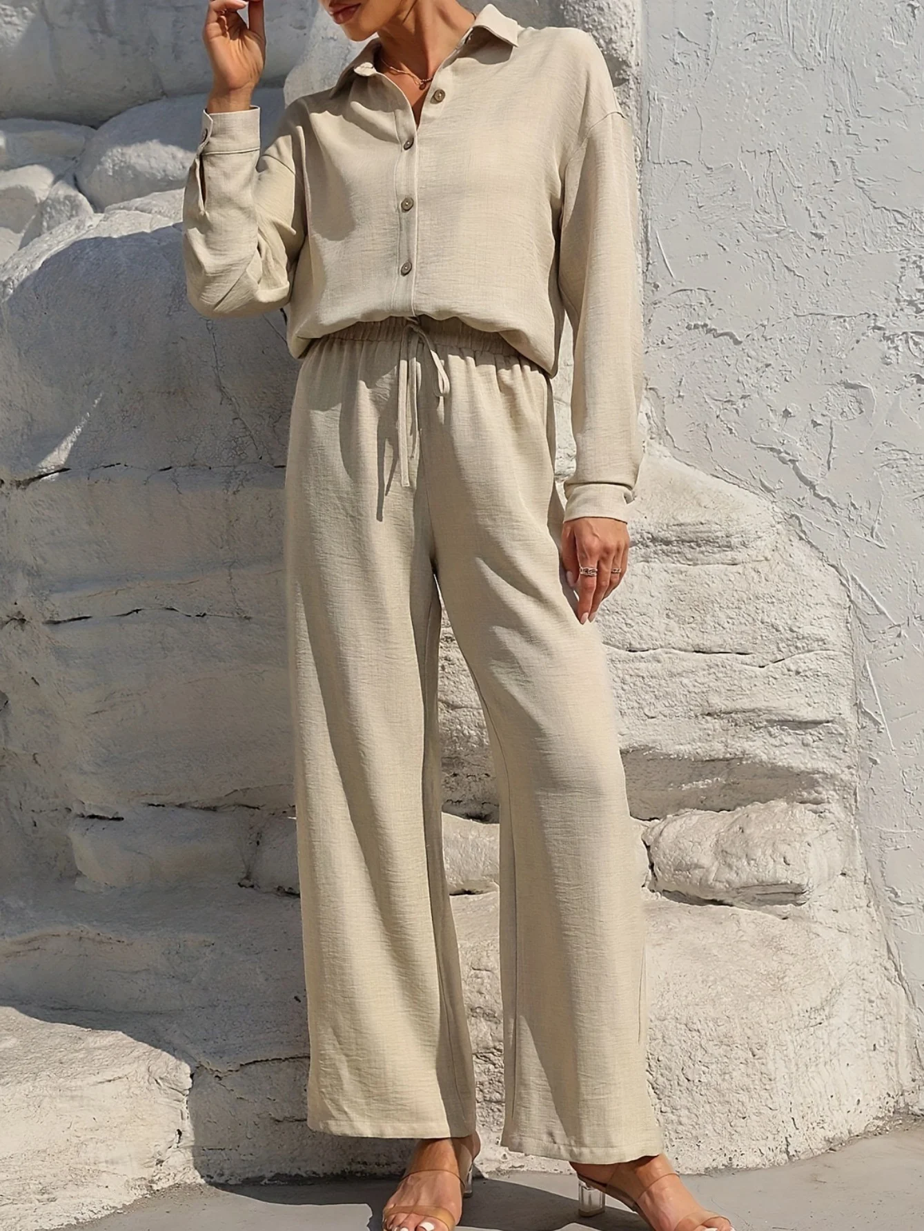 Women's Split Joint Plain Daily Going Out Two-Piece Set Apricot Casual Spring/Fall Top With Pants Matching Set