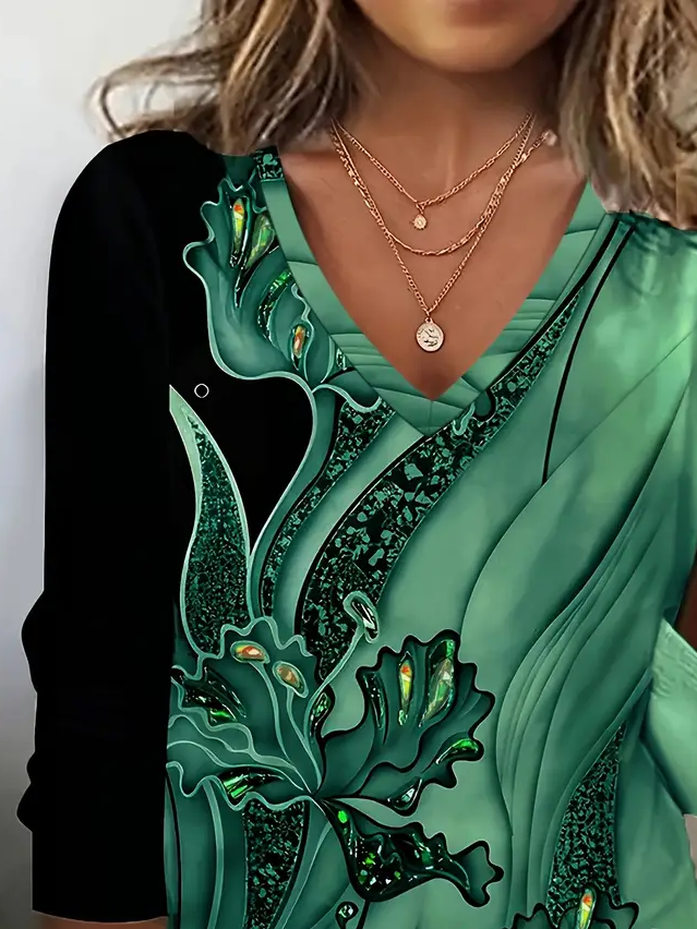 Women's Long Sleeve T-shirt Spring/Fall Green Floral Printing Jersey V Neck Daily Going Out Casual Top