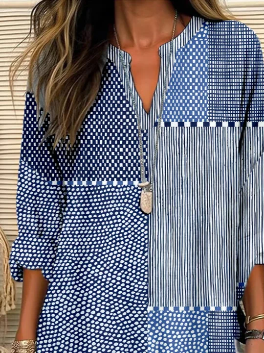 Women's Long Sleeve Blouse Spring/Fall Blue Abstract Printing Cotton-Blend V Neck Daily Going Out Casual Top