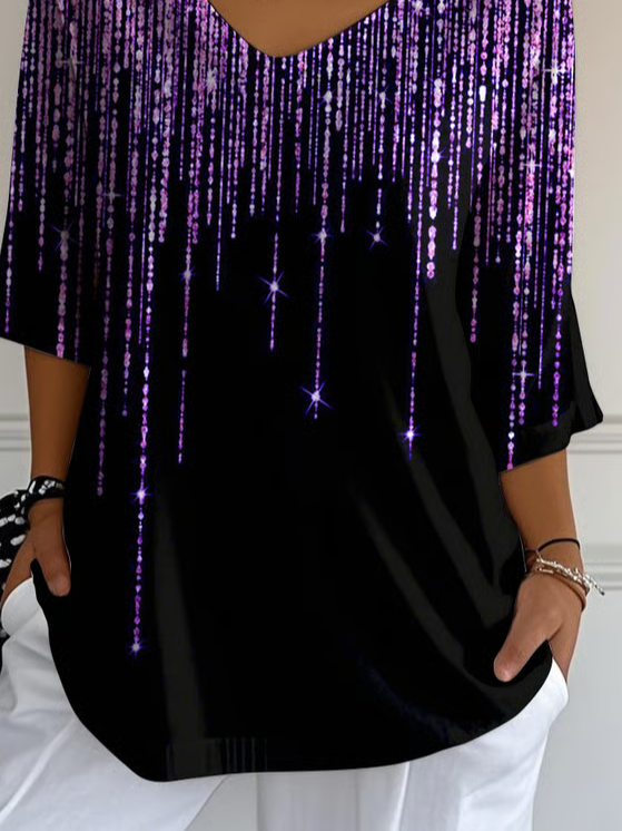 Women's Three Quarter Sleeve T-shirt Spring/Fall Black Abstract Printing V Neck Daily Going Out Casual Top