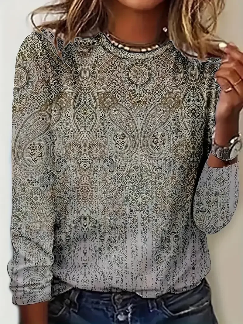 Women's Long Sleeve T-shirt Spring/Fall Gray Paisley Printing Jersey Crew Neck Daily Going Out Casual Top