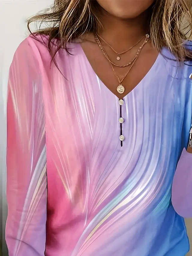 Women's Abstract Print Casual Pearl Button V-Neck Long Sleeve T-Shirt