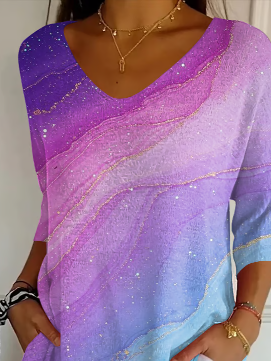 Women's Three Quarter Sleeve T-shirt Spring/Fall Purple Abstract Printing V Neck Daily Going Out Casual Top